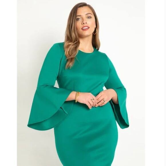 NEW Eloquii green scuba dress flare sleeves, size 22 - Picture 2 of 14